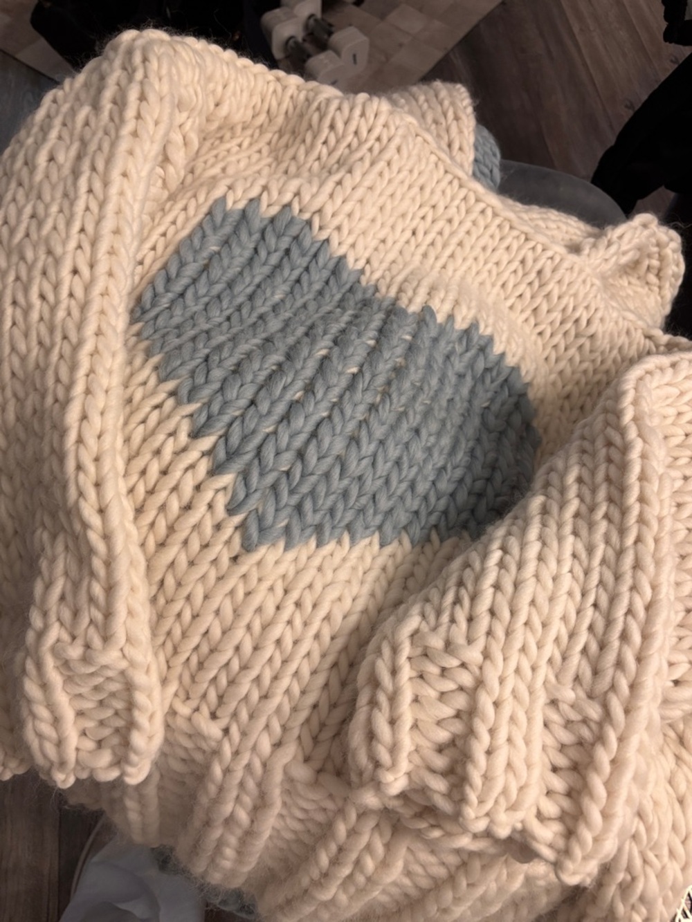 Chunky Cream Love Heart Hoodie Sweater with Blue Heart Detail~Boyfriend Sweater